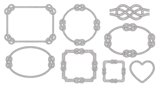 Nautical rope borders and frames in vintage style. Cowboy western knot patterns. Classic oval decorative elements for marine and rodeo designs. Vector  new