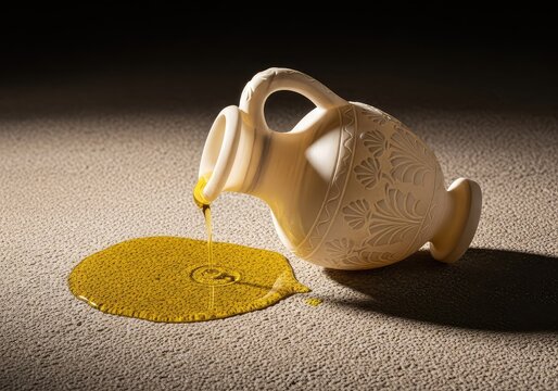An elegant alabaster vessel rests beside a spreading puddle of golden oil on a textured stone floor, captured in dramatic side lighting, yellow, essence, serene