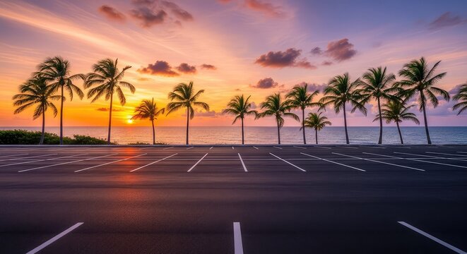 An empty asphalt parking lot overlooks a calm blue ocean under a vibrant sunset sky with tall tropical coconut palm trees on the edge, beach, exotic, dusk