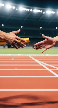 Dynamic close view of a baton exchange on a vibrant red running track inside a large sports arena with bright stadium lights and lanes, action, fitness, event