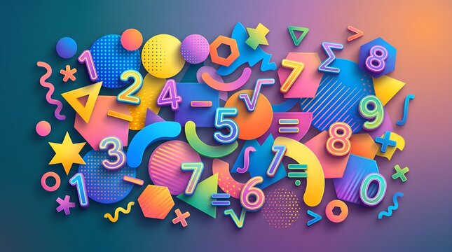 Colorful 3D numbers and mathematical symbols on a vibrant background