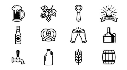 Beer Icons Set: Mug, Hops, Bottle Opener, Premium Star, Bottle, Pretzel, Cheers Glasses, Brewery Tank, Tap, Growler, Wheat, Barrel © capi