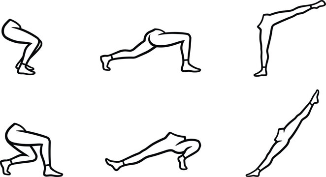 Lower body leg and hip movement exercise line icon set showing stretching lunging and squatting workout postures
