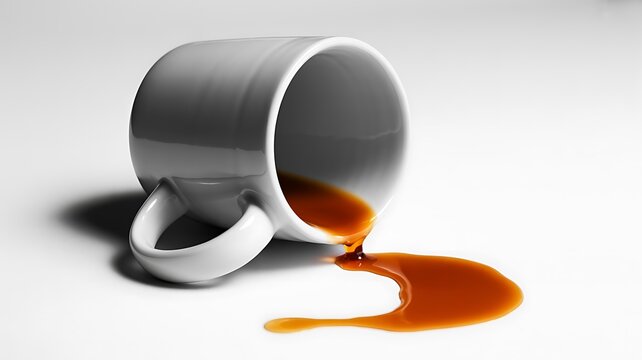 Stainless steel cup spilling hot coffee on white background with dramatic splash