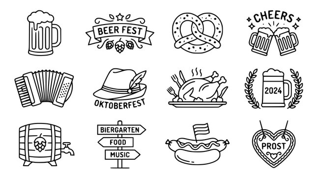 Oktoberfest Icons Set: Beer, Pretzel, Accordion, Hat, Sausage, Prost