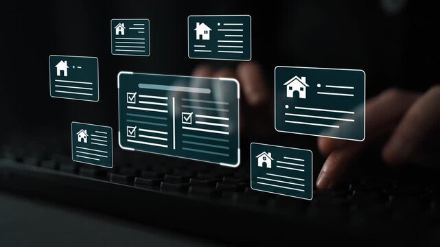 Abstract representation of digital housing documents and data management in a modern office environment, showcasing technology and real estate concepts clearly. Gluon.