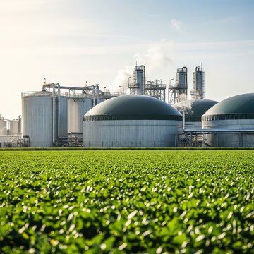 Lush green crops thrive in the foreground of a fertile field, with massive industrial biogas tanks and energy facilities looming in the background, daylight, technology, generation