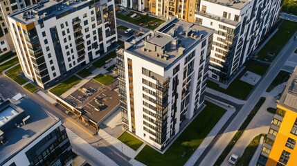 Fototapeta premium Residential complex showcases tall modern apartment buildings with crisp white facades and dark balconies standing amidst well-planned paved paths and green lawns during a bright sunny afternoon.