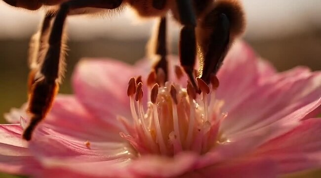 Honeybee pollinating a pink hibiscus flower. Close-up of insect gathering nectar from vibrant blossom in nature.