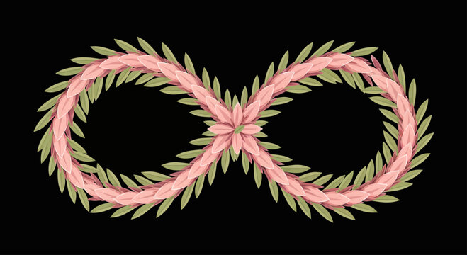 Infinity symbol wreath made of pink leaves on black.