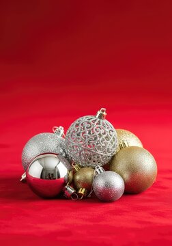 Shimmering silver and gold Christmas ornaments rest elegantly on a soft red velvet background, creating a luxurious and festive holiday scene, silver, festive season, traditional