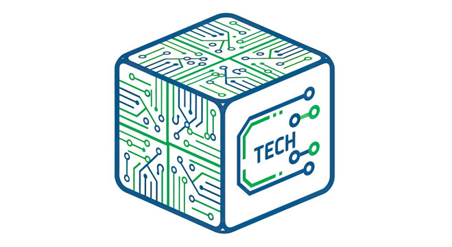Isometric tech cube with circuit lines and text