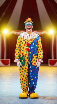 Vibrant clown with a painted face and wide smile wearing colorful attire under the bright lights of a traditional circus tent interior, blue, theatrical, ruff