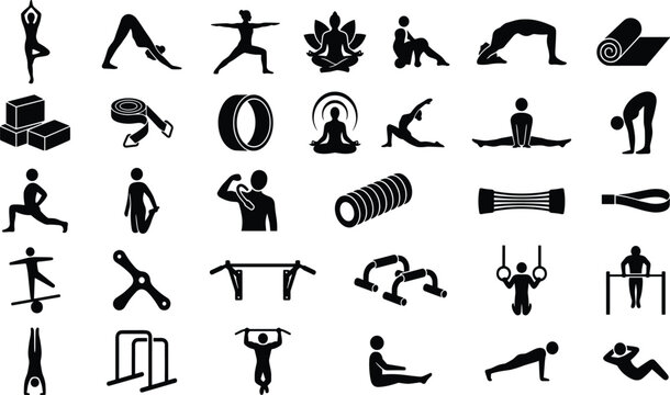 Yoga stretching and calisthenics fitness icon set representing bodyweight training workouts and gym equipment