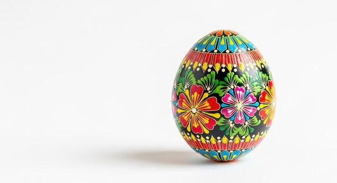 Vibrant decorated egg featuring intricate colorful patterns and floral designs sits gracefully on a bright, minimalist spring background, gift, decor, macro