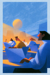 Fototapeta premium Creative team collaborating in a lively open office environment – modern gradient illustration
