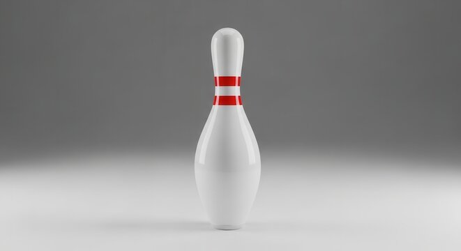 Single Bowling Pin with Red Stripes on White Surface.