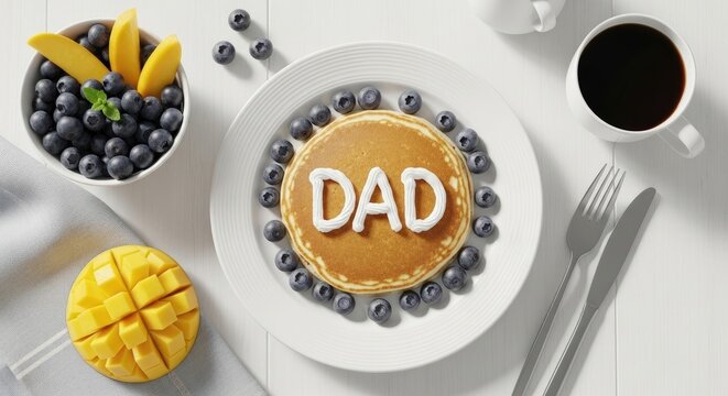 Breakfast plate with pancakes spelling dad, surrounded by blueberries, mango slices in a bowl, and a cup of black coffee on a white table