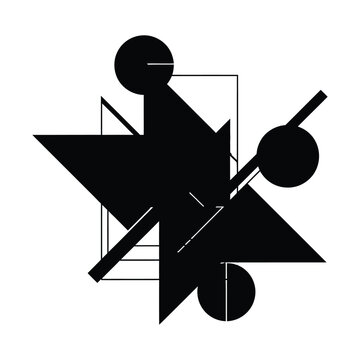Abstract geometric vector composition, minimalist black and white constructivist art, modern avant-garde graphic design element with sharp angles and circles for branding