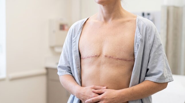 Patient showing double mastectomy scars in hospital room