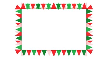 Obraz premium Rectangular frame made of alternating red and green triangular bunting flags on a white background, christmas or holiday cards