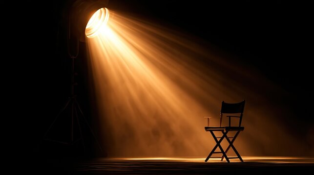 Vintage studio film spotlight illuminating wooden director chair on black background, movie set behind-the-scenes atmosphere, film media entertainment industry PPT design material