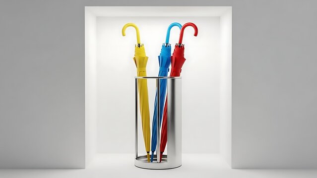 Three colorful umbrellas in yellow blue and red standing inside a modern silver metal umbrella stand in a bright white alcove with umbrella colorful interior minimalist accessory