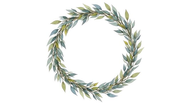 Watercolor wreath made of green and blue leaves arranged in a circular pattern isolated on a white background, for decorative