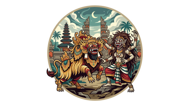 Detailed temple landscape circular illustration of Barong vs Rangda