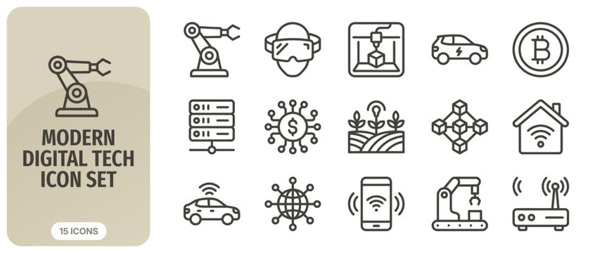 Modern digital tech icon set, outline vector illustration of advanced technology and future innovation concepts