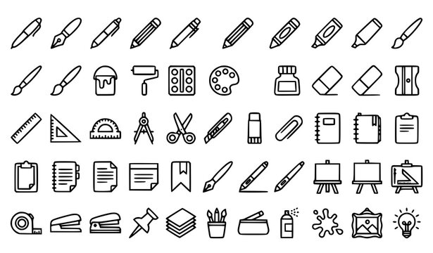 Art supplies and stationery icon set black and white line art