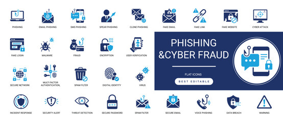 Obraz na płótnie Canvas Phishing and Cyber Fraud solid icon set featuring email phishing, credential theft, malware, scams, cyber fraud, and cyber security concepts. Editable vector illustration.