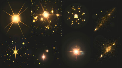 Fototapeta premium Isolated golden light flares and starburst matrix asset pack on black background for element extraction, perfect for festival visuals and game UI commercial compositing