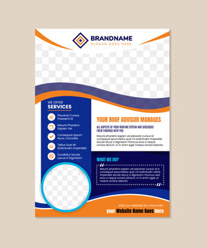 this your roof advisor manages flyer template, perfect for contractors aiming to build trust and attact clients. space for photo collages. combination orange and blue colors template.