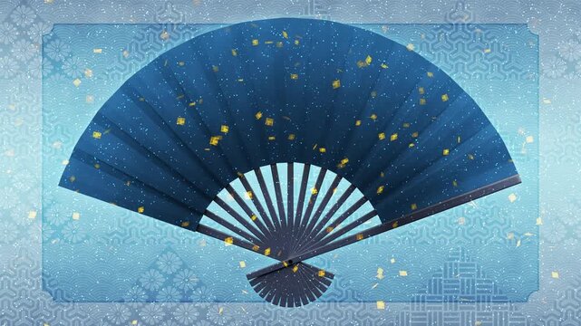 大きな扇子のイラスト　金色の紙吹雪が降るアニメーション　和風の模様の背景【ループ】【青系の配色】