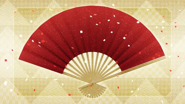 大きな扇子のイラスト　紅白の紙吹雪が降るアニメーション　和風の模様の背景【ループ】【赤と金の配色】