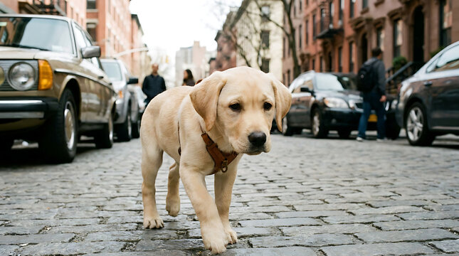 Adorable yellow Labrador puppy walks down a cobblestone street in a city, with cars parked on the sides and a building in the background