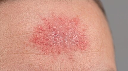Fototapeta premium Close-Up of Inflamed Discoid Eczema and Red Scaling Patch on Forehead