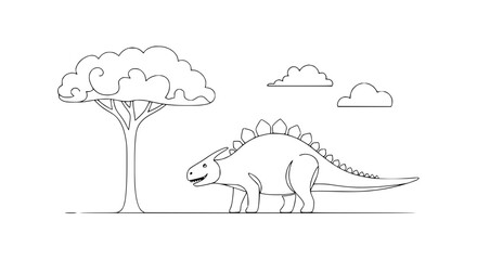 Stegosaurus Dinosaur with Tree and Clouds, Outline Drawing, Prehistoric Landscape © Ellaut