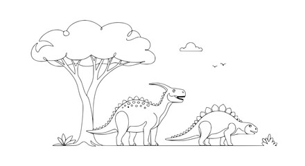 Cute Dinosaur Line Art: Parasaurolophus and Stegosaurus under a Tree © Ellaut