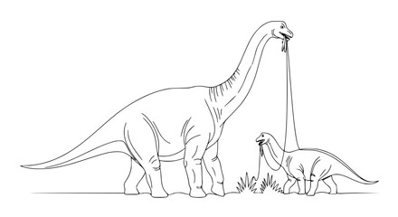 Two Brontosaurus dinosaurs, one large and one small, grazing on grass in a simple line drawing. © Ellaut