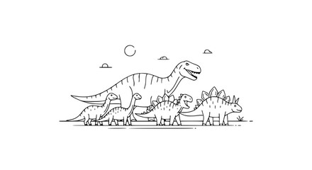 Cute Dinosaur Family Line Art Illustration: Tyrannosaurus Rex, Stegosaurus, and Brontosaurus © Ellaut