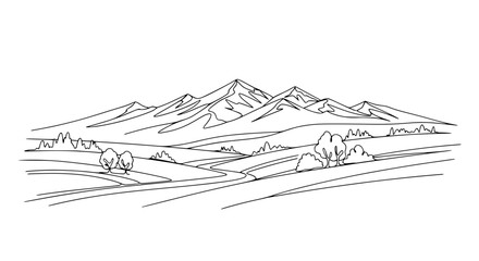 Fototapeta premium Hand-drawn Sketch of Majestic Mountain Range Landscape with Rolling Hills and Trees