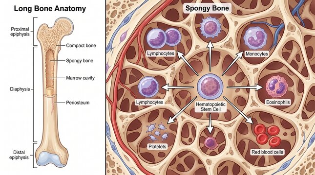 Long bone anatomy and hematopoietic cell lineages in bone marrow with physiology