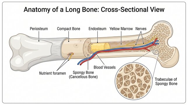 Anatomy of a long bone cross-sectional view educational diagram with skeletal