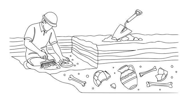 Archaeologist excavating ancient artifacts and bones from layered soil cross-section