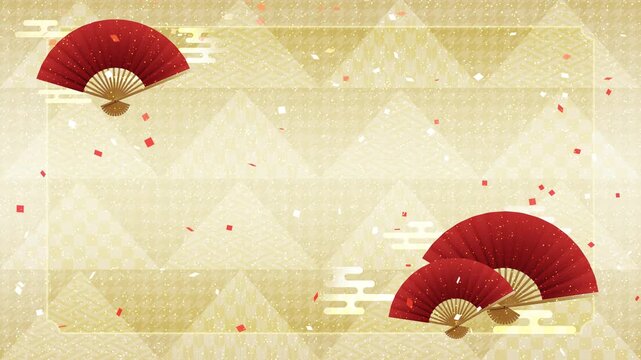 扇子と雲のイラスト　紅白の紙吹雪が降るアニメーション　和風の模様の背景【赤と金の配色】　
