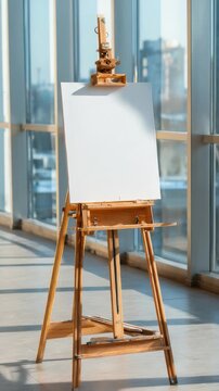 Bright sunlight fills contemporary art studio where wooden easel holds pristine blank canvas, inviting creativity. Spacious room features large windows with cityscape view, perfect for artists