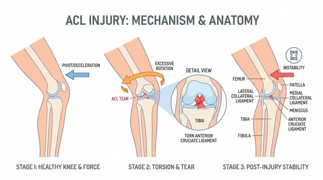 Anatomical illustration showing mechanism and anatomy of acl knee injury