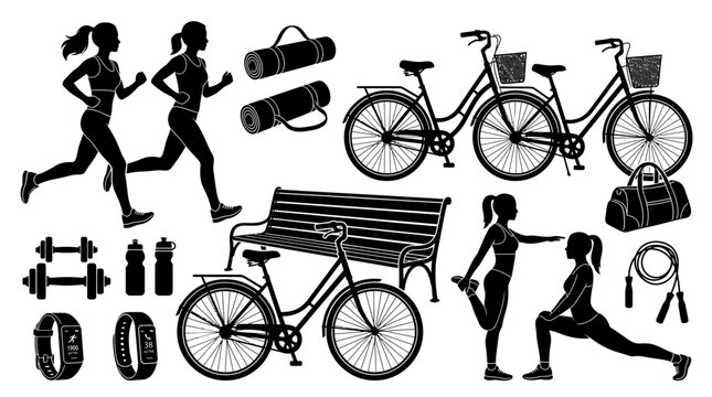 Collection of fitness and outdoor exercise silhouettes featuring running women bicycles with black white collection